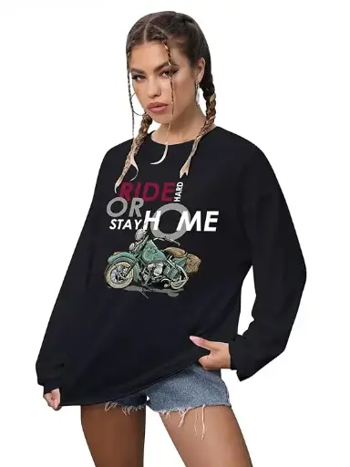 CHKOKKO Oversized Round Neck t shirt Drop Shoulder Printed Cotton Full Sleeves T-Shirt for Women